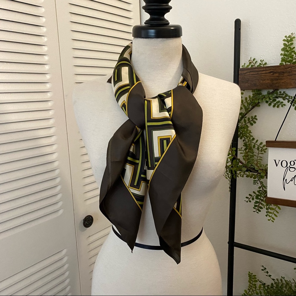 Ann Taylor LOFT|OS|Brown Green Gold Ivory Geometric Pattern Silk Scarf